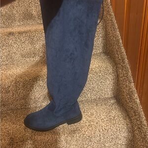 Navy Blue Suede Knee-High Boots